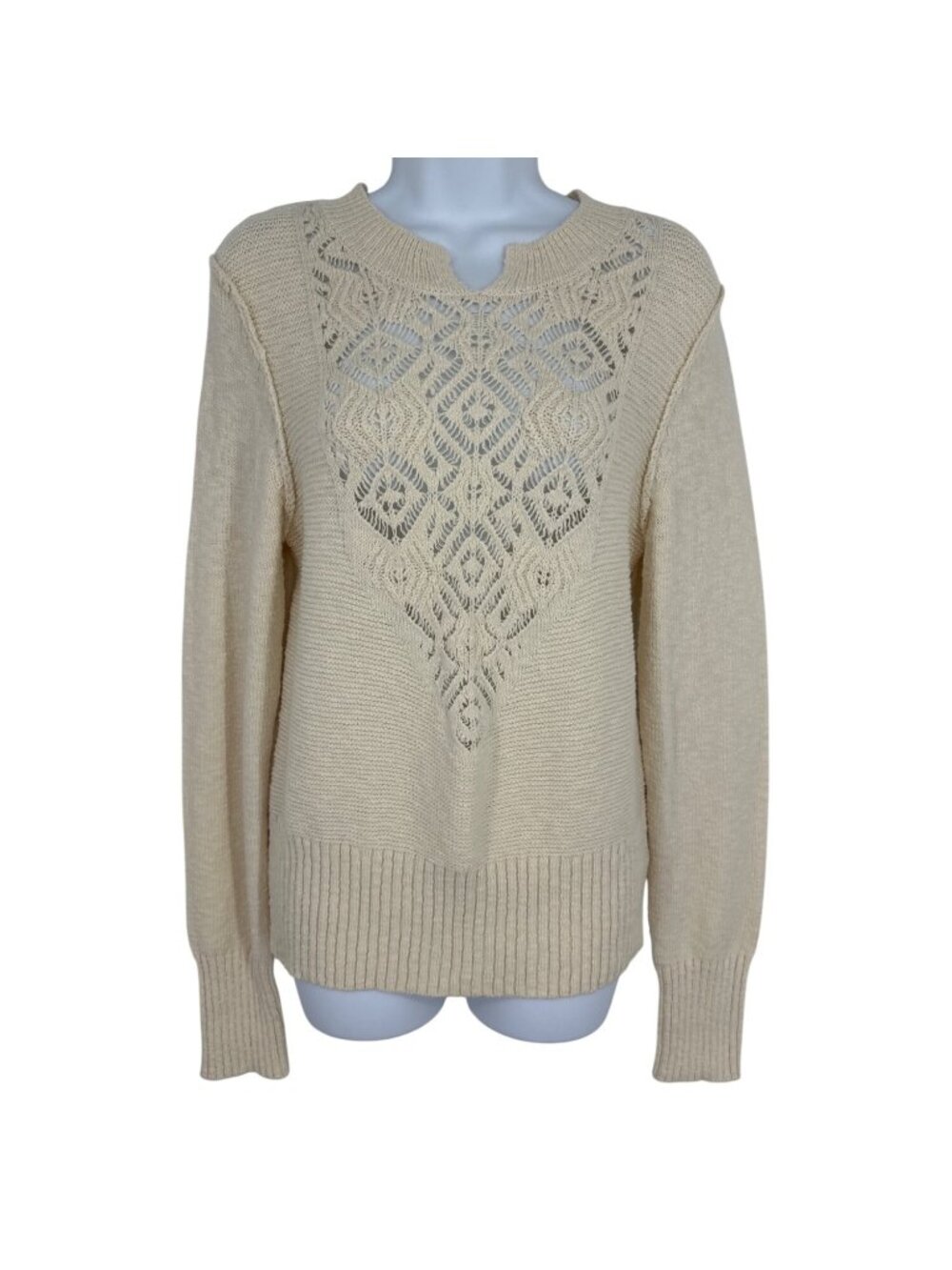 Free People Ivory Knit Pullover Sweater With Diamond Crochet Front Size M